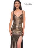 Picture of: Ruched Metallic Jersey Dress with Open Lace Up Back in Mocha , Style 32945, Detail Picture 13