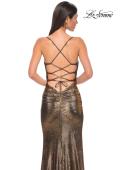 Picture of: Ruched Metallic Jersey Dress with Open Lace Up Back in Mocha , Style 32945, Detail Picture 14