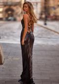 Picture of: Ruched Prom Dress with Metallic Lace and Fabric in Mocha , Style 33059, Back Picture