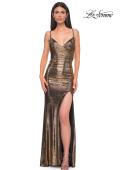 Picture of: Ruched Metallic Jersey Dress with Open Lace Up Back in Mocha , Style 32945, Detail Picture 5