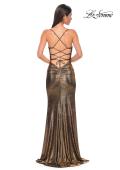 Picture of: Ruched Metallic Jersey Dress with Open Lace Up Back in Mocha , Style 32945, Detail Picture 6