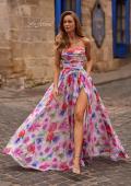 Picture of: Floral A-Line Chiffon Gown with Ruched Bodice and High Slit in Multi, Style: 33487, Main Picture