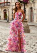 Picture of: Strapless Tiered Ruffle Gown with Floral Print in Multi, Style: 33555, Main Picture