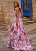 Picture of: Floral A-Line Chiffon Gown with Ruched Bodice and High Slit in Multi, Style: 33487, Back Picture