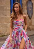 Picture of: Floral A-Line Chiffon Gown with Ruched Bodice and High Slit in Multi, Style: 33487, Detail Picture 1