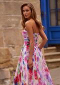 Picture of: Floral A-Line Chiffon Gown with Ruched Bodice and High Slit in Multi, Style: 33487, Detail Picture 2