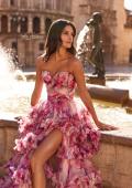 Picture of: Strapless Tiered Floral Ruffle Gown with High Slit in Multi, Style: 33842, Detail Picture 2