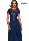 Picture of: Short Sleeve Metallic Lace Evening Dress with Chiffon Skirt, Style: 27924, Detail Picture 3