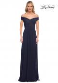 Picture of: Off the Shoulder Net Jersey Long Dress with Ruching in Navy, Detail Picture 8