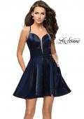Picture of: Fit and Flare Satin Short Dress with Deep Neckline in Navy, Style: 26659, Main Picture