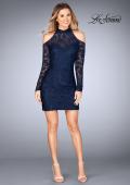 Picture of: Short Lace Dress with Shoulder Cut Outs and Open Back in Navy, Style: 25170, Detail Picture 2