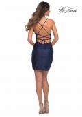 Picture of: Asymmetrical Jersey Dress with Lace Up Strappy Back in Navy, Detail Picture 3
