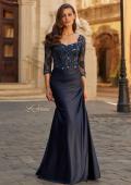 Picture of: Beaded Lace Satin Gown with Sheer Sleeves and Ruched Skirt in Navy, Style: 31802, Main Picture