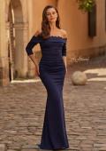 Picture of: Off-the-Shoulder Jersey Gown with Lace Trim in Navy, Style: 33541, Main Picture