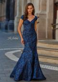 Picture of: Cap Sleeve Metallic Brocade Gown with V-Neckline in Navy, Style: 33578, Main Picture