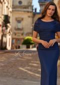 Picture of: Ruched Metallic Jersey Gown with Sheer Sleeves and V-Back in Navy, Style: 33139, Detail Picture 8, Landscape