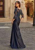 Picture of: Beaded Lace Satin Gown with Sheer Sleeves and Ruched Skirt in Navy, Style: 31802, Back Picture