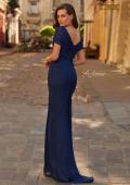 Picture of: Ruched Metallic Jersey Gown with Sheer Sleeves and V-Back in Navy, Style: 33139, Back Picture
