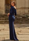 Picture of: V-Neck Ruched Gown with Three-Quarter Sleeves in Navy, Style: 33214, Back Picture