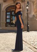 Picture of: Off the Shoulder Ruched Rhinestone Evening Gown in Navy, Style: 33312, Back Picture