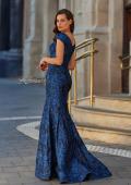 Picture of: Cap Sleeve Metallic Brocade Gown with V-Neckline in Navy, Style: 33578, Back Picture