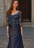 Picture of: Beaded Lace Satin Gown with Sheer Sleeves and Ruched Skirt in Navy, Style: 31802, Detail Picture 1