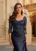 Picture of: Beaded Lace Satin Gown with Sheer Sleeves and Ruched Skirt in Navy, Style: 31802, Detail Picture 3