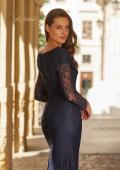 Picture of: Lace Long Sleeve V-Neck Evening Gown in Navy, Style: 33333, Detail Picture 6