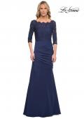 Picture of: Gathered Mermaid Satin Gown with Lace Top in Navy, Style: 24926, Main Picture