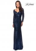 Picture of: Long Sleeve Sequined Gown with Soft V-Neckline in Navy, Style: 25331, Main Picture