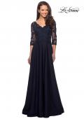 Picture of: Floor Length Satin Dress with Lace Detail and Pockets in Navy, Style: 27235, Main Picture