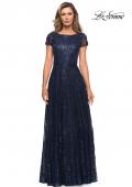 Picture of: Sequin Lace A-line Gown with Sheer Short Sleeves in Navy, Style: 27837, Main Picture