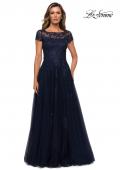 Picture of: Beaded Lace Rhinestone A-line Evening Gown in Navy, Style: 27920, Main Picture