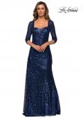 Picture of: Floor Length Sequin Gown wtih Ruching and Sleeves in Navy, Style: 28065, Main Picture
