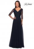 Picture of: Tulle and Beaded Long A-Line Gown with Sheer Sleeves in Navy, Main Picture