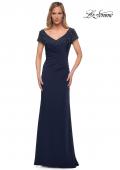 Picture of: Short Sleeve Evening Dress with Beaded Neckline in Navy, Main Picture
