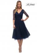Picture of: Tea Length Tulle Dress with Beading and Sheer Sleeve in Navy, Main Picture