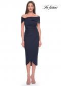 Picture of: Tea Length Fitted Jersey Ruched Off the Shoulder Dress in Navy, Style: 30109, Main Picture