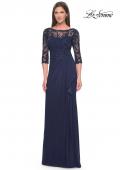 Picture of: Long Evening Gown with Lace Illusion Sleeves and Neckline in Navy, Style: 30385, Main Picture