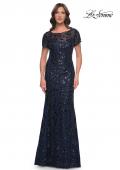Picture of: Beaded Sequin Chic Evening Dress with Illusion Top and Short Sleeves in Navy, Style: 30877, Main Picture