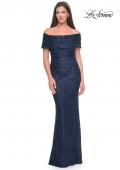Picture of: Off the Shoulder Ruched Beaded Lace Evening Gown in Navy, Style: 31778, Main Picture