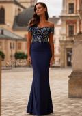 Picture of: Off the Shoulder Jersey Gown with Floral Sequin Top in Navy, Style: 32739, Main Picture