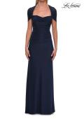 Picture of: Long Net Jersey Ruched Evening Dress with Short Sleeves in Navy, Style: 33124, Main Picture
