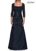 Picture of: Beaded Bodice Satin Gown with Three-Quarter Sleeves in Navy, Style: 33659, Main Picture