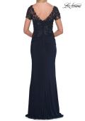Picture of: Beaded Lace Illusion Bodice Evening Gown in Navy, Style: 33332, Detail Picture 8
