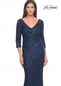 Picture of: Fitted Beaded Lace Evening Gown with Ruching in Navy, Style: 31721, Detail Picture 10