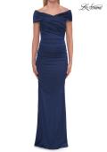 Picture of: Off-the-Shoulder Ruched Satin Evening Gown in Navy, Style: 33620, Detail Picture 11