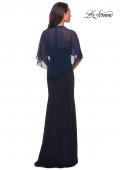 Picture of: Long Gown with sheer sleeves and beaded neckline in Navy, Style: 25006, Back Picture