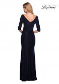 Picture of: Long Velvet Beaded Dress with Three Quarter Sleeves in Navy, Style: 26456, Back Picture