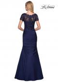 Picture of: Floor Length Satin Dress with Lace Rhinestoned Bodice in Navy, Style: 26979, Back Picture